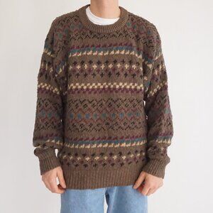 VTG Eddie Bauer Brown Cotton Knit Fair Isle Cabincore Eclectic Grandpa Sweater L